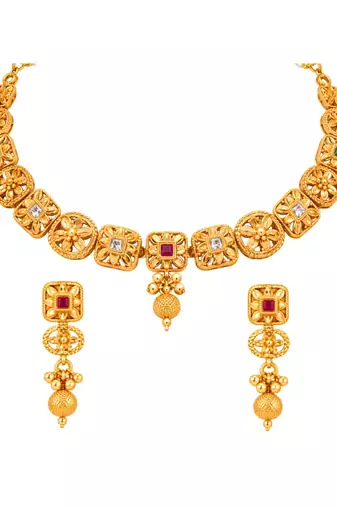 gold-plated copper multicolour floral necklace set with drop earrings