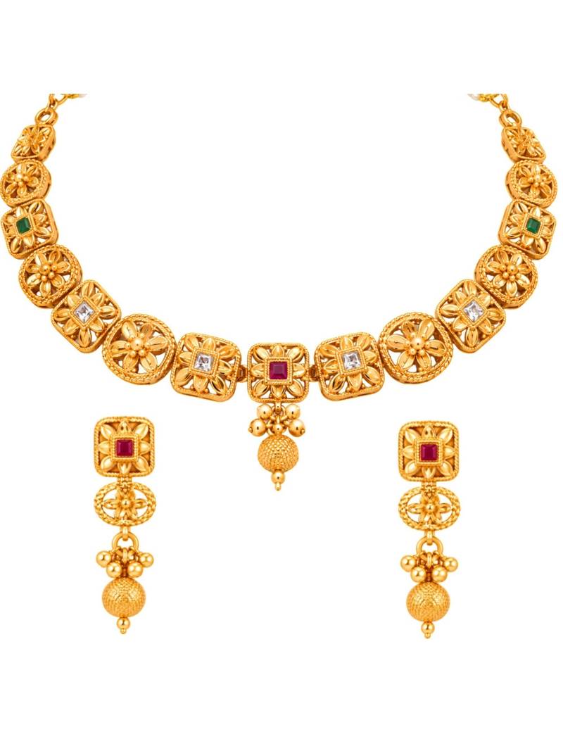 gold-plated copper multicolour floral necklace set with drop earrings