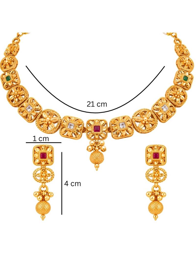 gold-plated copper multicolour floral necklace set with drop earrings