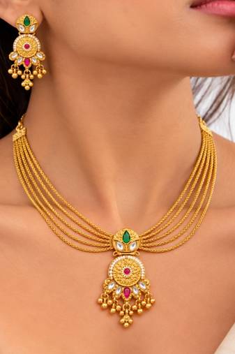 gold-plated copper multicolour layered necklace set