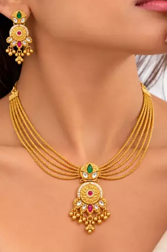 gold-plated copper multicolour layered necklace set