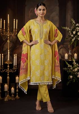 Mustard yellow designer cotton silk blend salwar suit 1