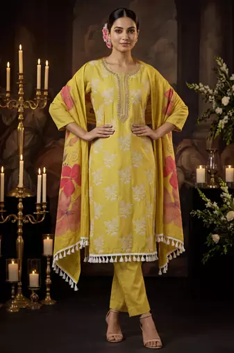 Mustard yellow designer cotton silk blend salwar suit
