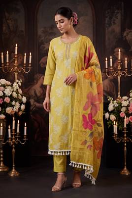 Mustard yellow designer cotton silk blend salwar suit 2