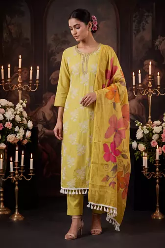 Mustard yellow designer cotton silk blend salwar suit