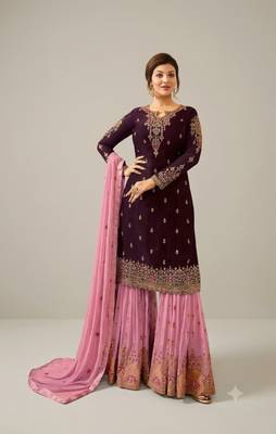 Maroon&pink georgette semi stitched suit with embroidery & sequence work 1