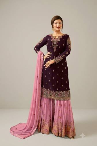 Maroon&pink georgette semi stitched suit with embroidery & sequence work