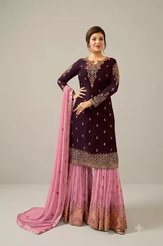 Maroon&pink georgette semi stitched suit with embroidery & sequence work