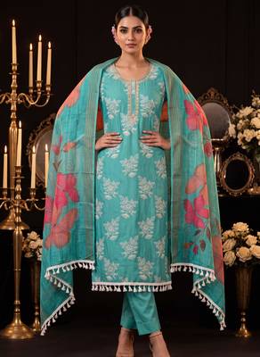 Turquoise designer cotton silk blend salwar suit 1