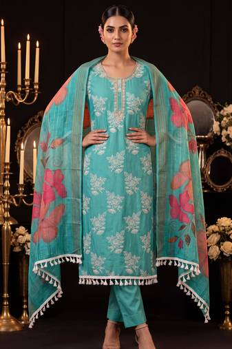 Turquoise designer cotton silk blend salwar suit