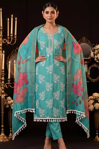 Turquoise designer cotton silk blend salwar suit