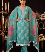 Turquoise designer cotton silk blend salwar suit