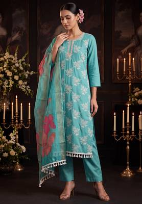 Turquoise designer cotton silk blend salwar suit 2