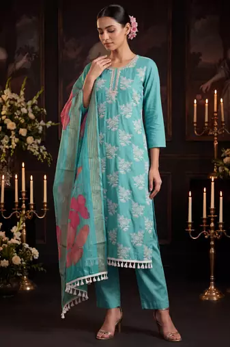 Turquoise designer cotton silk blend salwar suit