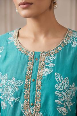 Turquoise designer cotton silk blend salwar suit 3