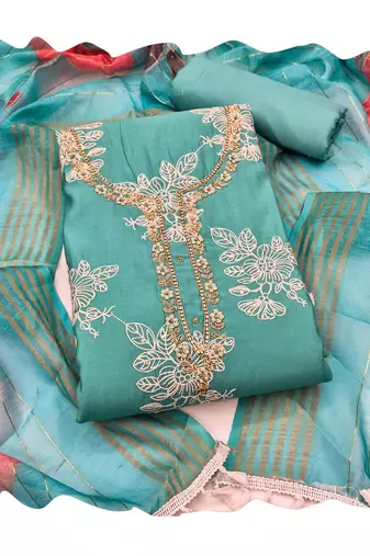 Turquoise designer cotton silk blend salwar suit