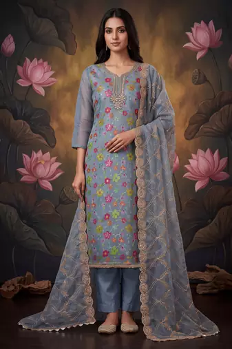 Grey designer organza handwork salwar suit with dupatta