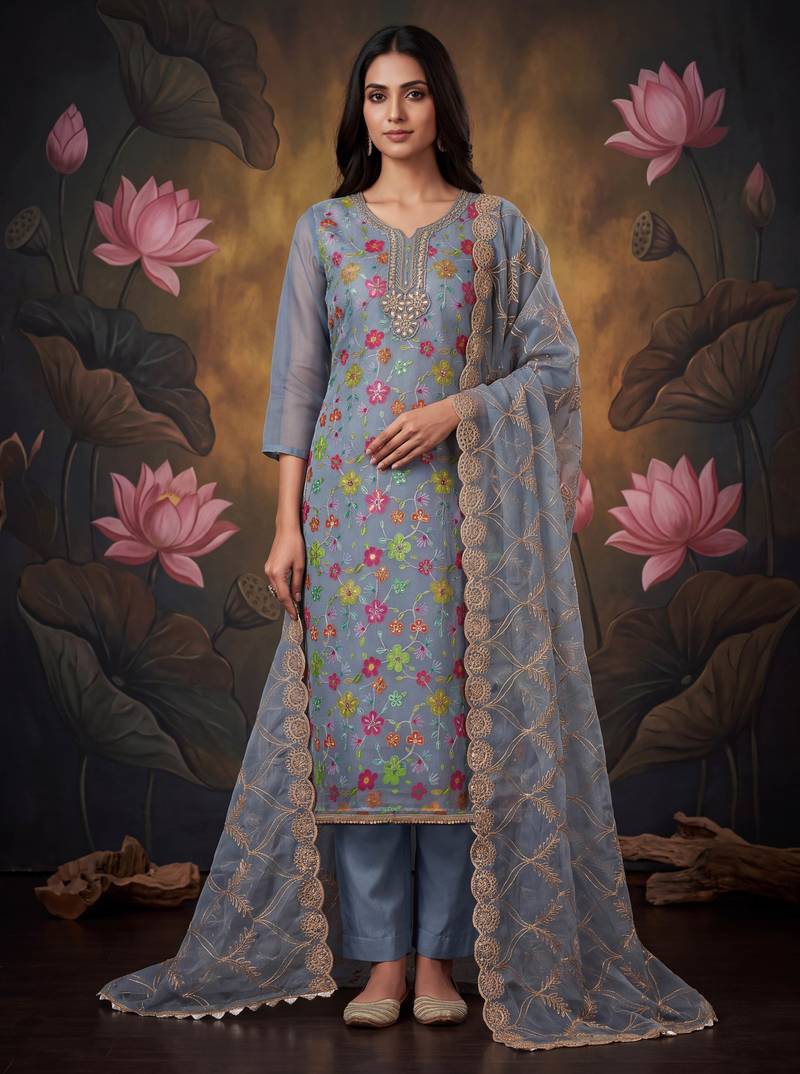 Grey designer organza handwork salwar suit with dupatta