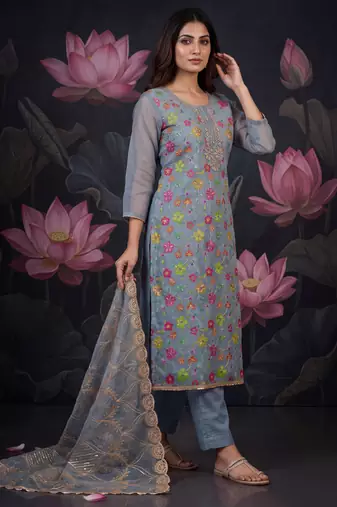 Grey designer organza handwork salwar suit with dupatta