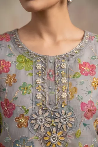 Grey designer organza handwork salwar suit with dupatta