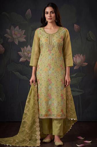 Olive designer organza handwork salwar suit with dupatta