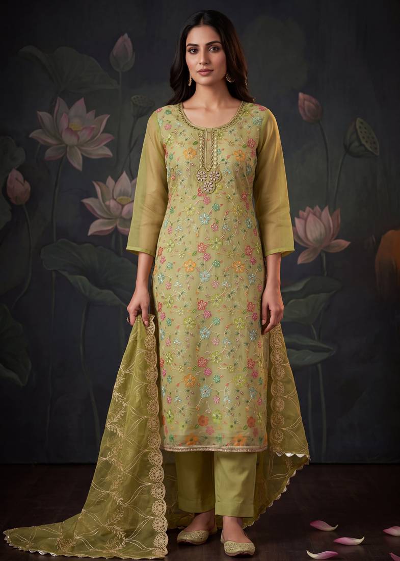 Olive designer organza handwork salwar suit with dupatta