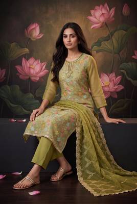 Olive designer organza handwork salwar suit with dupatta 2
