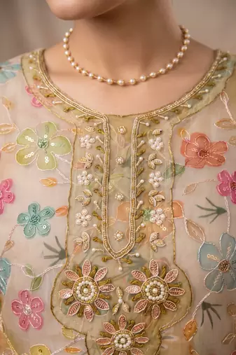 Olive designer organza handwork salwar suit with dupatta