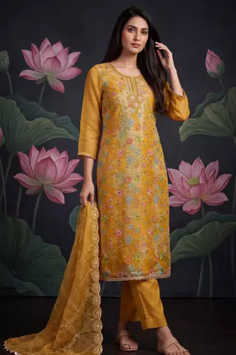Mustard yellow designer organza handwork salwar suit with dupatta
