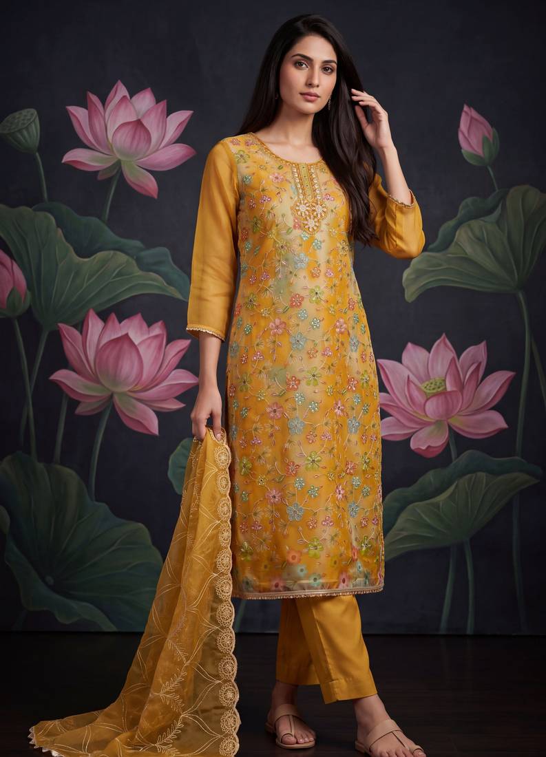 Mustard yellow designer organza handwork salwar suit with dupatta