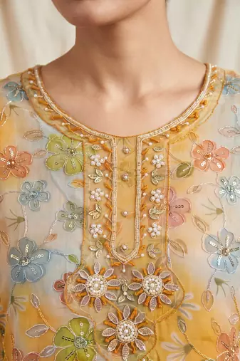 Mustard yellow designer organza handwork salwar suit with dupatta