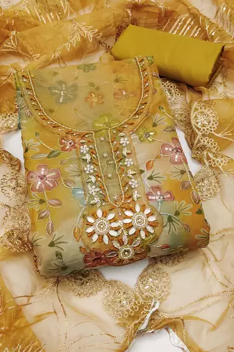 Mustard yellow designer organza handwork salwar suit with dupatta