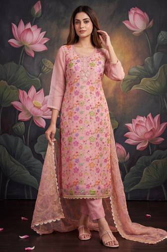 Pink designer organza handwork salwar suit with dupatta