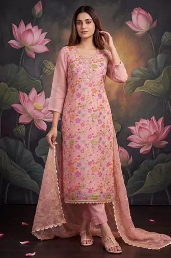 Pink designer organza handwork salwar suit with dupatta