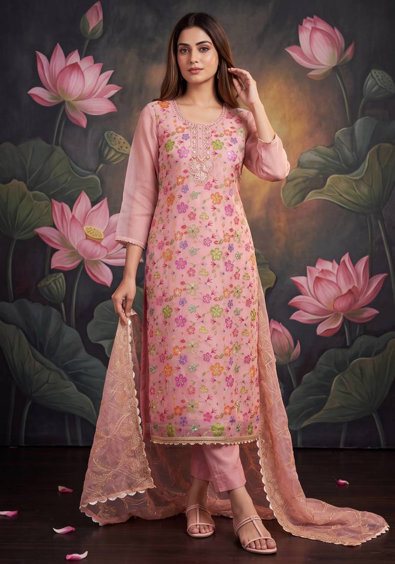 Pink designer organza handwork salwar suit with dupatta