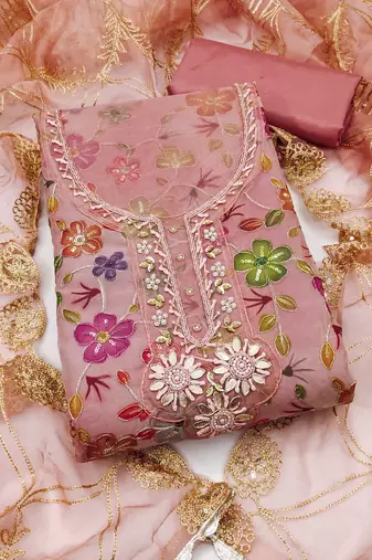 Pink designer organza handwork salwar suit with dupatta