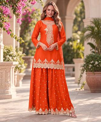 Orange premium chinon top palazzo dupatta set 1