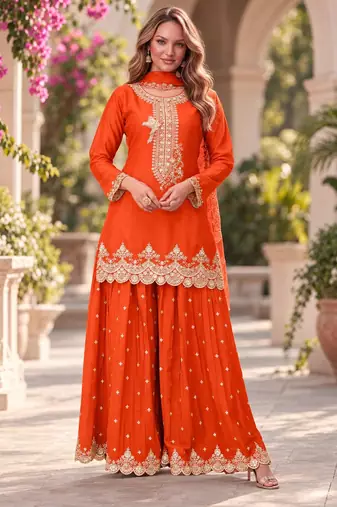 Orange premium chinon top palazzo dupatta set