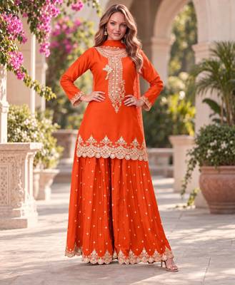 Orange premium chinon top palazzo dupatta set 2