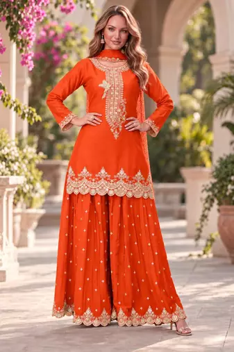 Orange premium chinon top palazzo dupatta set