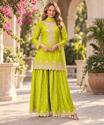 Lime green premium chinon top palazzo dupatta set 1
