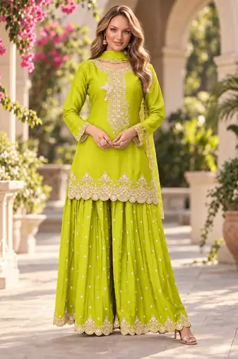 Lime green premium chinon top palazzo dupatta set