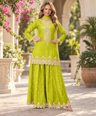 Lime green premium chinon top palazzo dupatta set 2