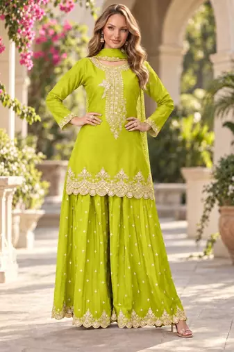 Lime green premium chinon top palazzo dupatta set