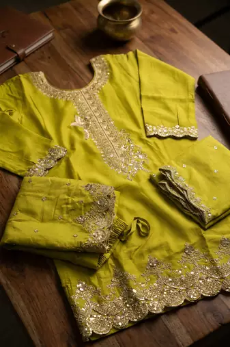 Lime green premium chinon top palazzo dupatta set