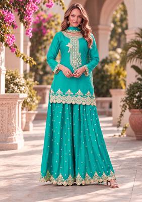 Turquoise premium chinon top palazzo dupatta set 1