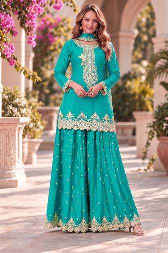 Turquoise premium chinon top palazzo dupatta set