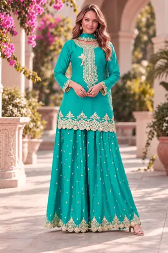 Turquoise premium chinon top palazzo dupatta set