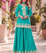 Turquoise premium chinon top palazzo dupatta set