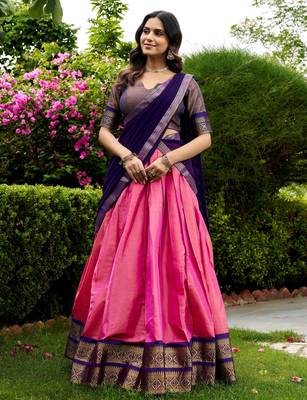 Awesome Pink Zari Weaving Silk Marriage Wear Half Saree Lehenga 1